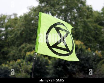 London, UK - September 04, 2021: Extinction Rebellion banners and flags at the protest in London