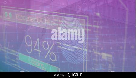 Image of data processing on moving screens over purple background Stock Photo