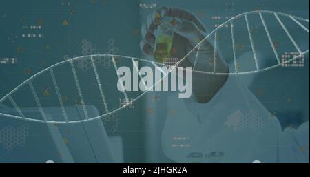 Image of spinning dna strand an data processing over caucasian scientist in laboratory Stock Photo