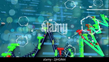 Image of chemical formula and data processing over cityscape Stock Photo
