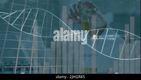 Image of interference and dna strand over caucasian scientist in lab Stock Photo