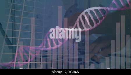 Image of dna strand over caucasian scientist in lab Stock Photo