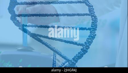 Image of dna strand over caucasian scientist in lab Stock Photo