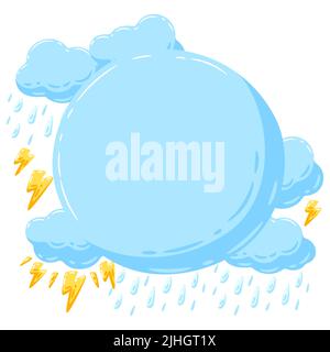 Seamless pattern with blue clouds, rain and lightning. Cartoon cute image of natural phenomenon. Stock Vector
