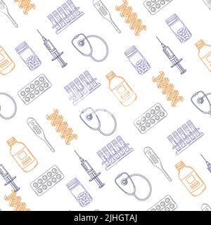 Seamless pattern with medical and healthcare items. Equipment and symbols for pharmacies and hospitals. Stock Vector