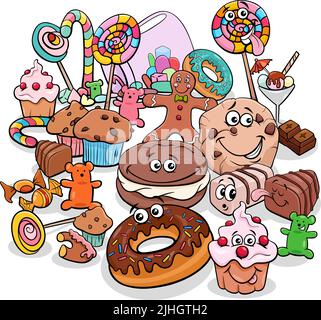 cartoon illustration of sweet food objets and candy objects group Stock Vector