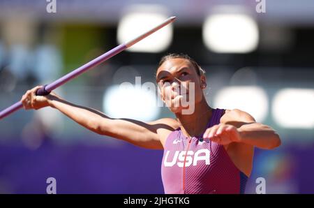 USA's Anna Hall competes in the Heptathlon Javelin throw on day four of the World Athletics Championships at Hayward Field, University of Oregon in the United States of America. Picture date: Monday July 18, 2022. Stock Photo