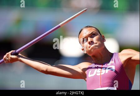 USA's Anna Hall competes in the Heptathlon Javelin throw on day four of the World Athletics Championships at Hayward Field, University of Oregon in the United States of America. Picture date: Monday July 18, 2022. Stock Photo