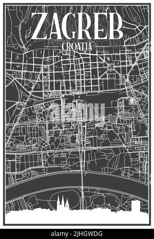 Hand-drawn panoramic city skyline poster with downtown streets network of ZAGREB. CROATIA Stock Vector