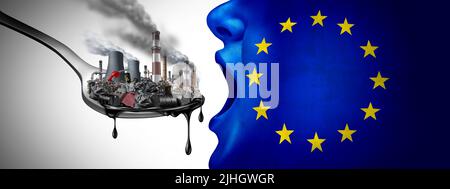 European Union Pollution and Polluted EU concept with fossil fuel and industrial toxic waste as the flag of Europe eating petroleum. Stock Photo