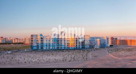 Large residential buildings in the open space. Panoramic aerial cityscape with copy space Stock Photo