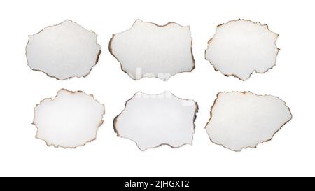 Burnt paper pieces set with torn edge. Torn paper pieces collection isolated on white, clipping path included Stock Photo