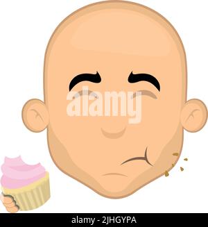 Vector illustration of the face of a cartoon bald man eating a cupcake or muffin Stock Vector