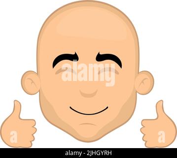 Vector illustration of the face of a bald man cartoon, with a happy expression and hands with your thumbs up Stock Vector