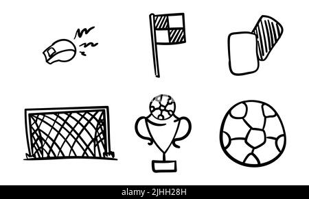 Childish set of object for a soccer match: goal with net, whistle, pennants, penalty cards, soccer ball and trophy. Stock Vector