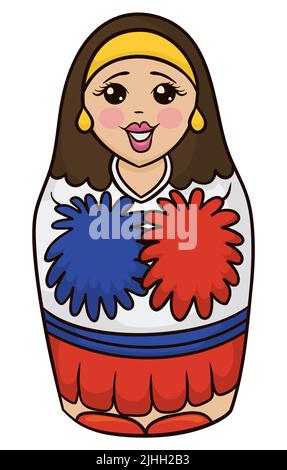 Happy Matryoshka as Russian cheerleader with pom poms in her hands. Stock Vector