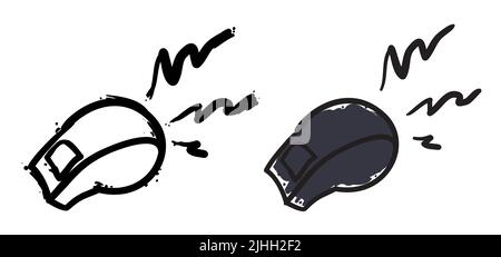 Set of whistles sizzling, one in outlines and brushstroke style and the other colored with black ink. Stock Vector