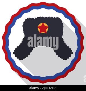 Round button with Russian tricolor fringes and traditional ushanka hat decorated with red star inside of it. Design in flat style and long shadow. Stock Vector