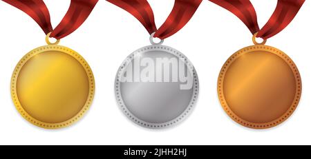 View of different medals hanging of red ribbons for awards ceremony of the first, second and third place: gold, silver and bronze respectively. Stock Vector