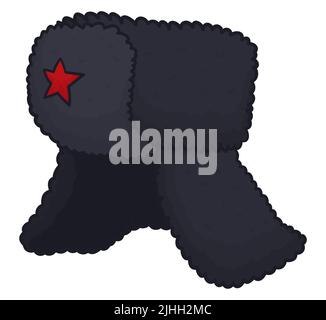 Traditional Russian hat or ushanka, ready to be used during winter season, with red star decoration and black fur. Stock Vector