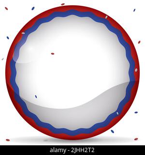 Round template with tricolor fringes resembling the Russian flag, under a confetti shower. Stock Vector