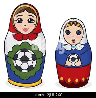 Cute pair of hooded Matryoshka dolls, one with soccer ball in the center, the other smaller and blonde with ball in her hands. Stock Vector