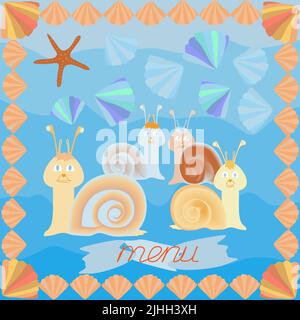 a postcard made of colorful snails and shells for the design of the children s menu Stock Vector