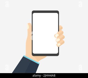 Hand holding mobile phone logo design. Blank white screen or person showing smartphone empty display for copy space vector flat cartoon, illustration. Stock Vector