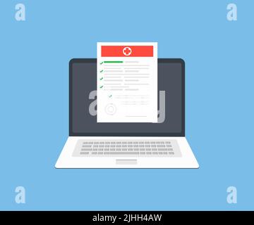 Medical prescription online or digital medicine test results with approved check mark form on laptop logo design. Healthcare and technology vector Stock Vector