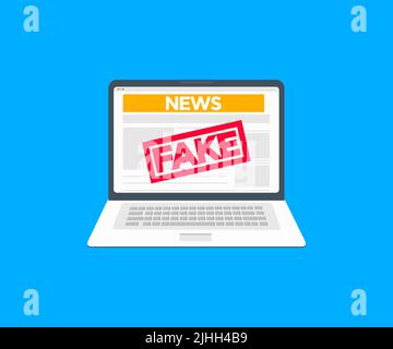 Fake News website on laptop screen logo design.  World global news, fake world news, economy, business headlines. Stock Vector