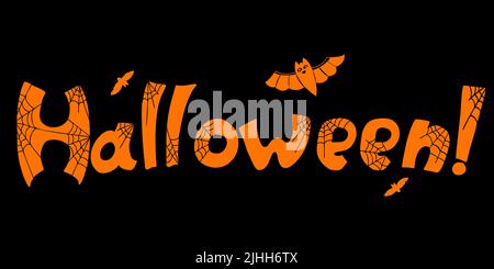 Halloween lettering word with decor cobweb. Letters in spiderweb and with bats. Vector illustration. Decorative hand drawing for holiday design, decor Stock Vector
