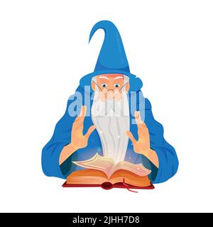 Old wizard and reading spell book on white background. Warlock, sorcerer, old beard man in blue wizards robe, hat. Stock Vector