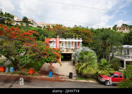 Rincon Neighborhood in Puerto Rico. Tropical Beachside on a Hill. Stock Photo