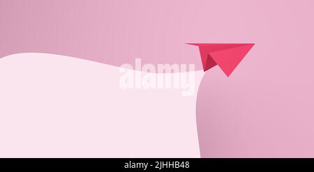 Pink paper airplane flying with cloud for design on pink background. Women's leadership concepts. 3d rendering. Stock Photo