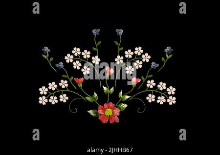 Pattern of a bouquet of wild flowers for embroidery with blue flowers, white flowers on curved branches and in the center of a pink flower with buds a Stock Photo