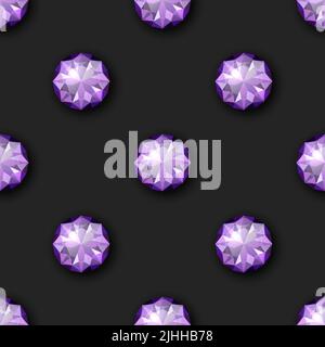 Vector Seamless Pattern with 3d Realistic Purple Gemstone, Crystal, Rhinestones on Black. Jewerly Concept. Design Template. Gems, Crystals Stock Vector