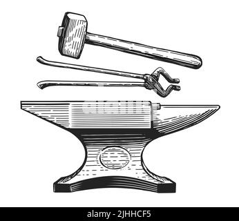 Hand drawing tools anvil hammer pliers. Blacksmith craft sketch. Metalworking tools in vintage engraving style Stock Vector