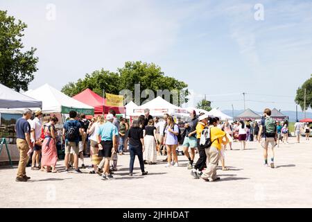 People shopping at the Saturday farmer's market on Pine Street in Burlington, Vermont, USA. Stock Photo