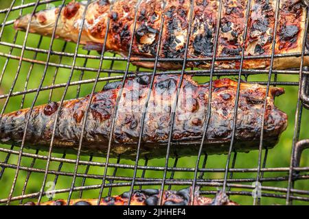 The process of cooking mackerel fish in a marinade on the grill. Fried fish is ready. Stock Photo