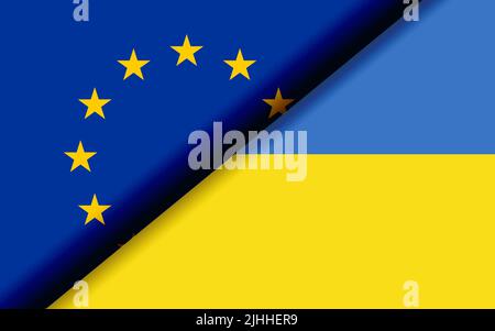 Flags of European Union and Ukraine divided diagonally. 3D rendering Stock Photo