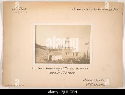 AK - Cape Hinchinbrook. Cape Hinchinbrook Light Station, Alaska. Lantern bearing 117 degrees true, distant about 175 feet. Stock Photo