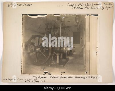 AK - Cape Hinchinbrook. Cape Hinchinbrook Light Station, Alaska. 1st Class Air Siren Fog Signal. Fog signal plant from west doorway. Stock Photo