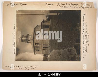 AK - Cape Hinchinbrook. Cape Hinchinbrook Light Station, Alaska. 1st Class Air Siren Fog Signal. Established November 15, 1910. Lighthouse, fog signal, and Keeper's dwelling from WNW, 100'. Stock Photo