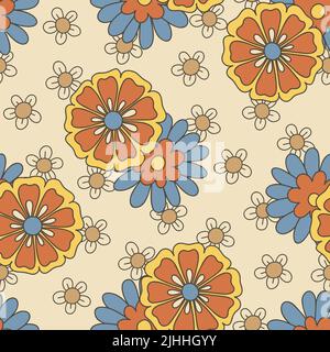 Colorful Large Scale Hand-Drawn Floral Vector Seamless Pattern. Retro 70s Style Stock Vector