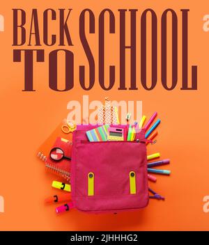 Backpack with stationery and text BACK TO SCHOOL on orange background Stock Photo