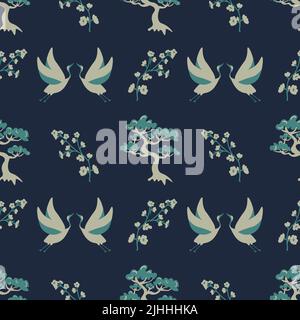 Seamless decorative pattern with japanese pine tree, sakura and cranes Stock Vector