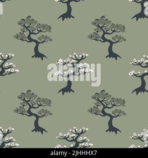 Decorative pine trees and sakuras pattern Stock Vector