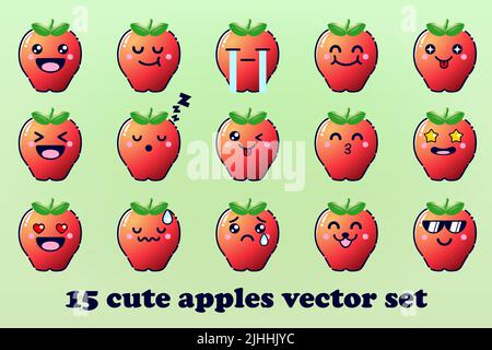 Cute Cartoon Appled Fruit with Kawaii Faces and Chibi Style Emoticon Vector Set Stock Vector