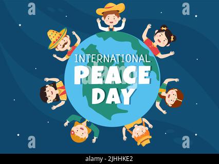 International Peace Day Cartoon Illustration with Hands, Cute Children, Globe and Blue Sky to Create Prosperous in the World in Flat Style Design Stock Vector