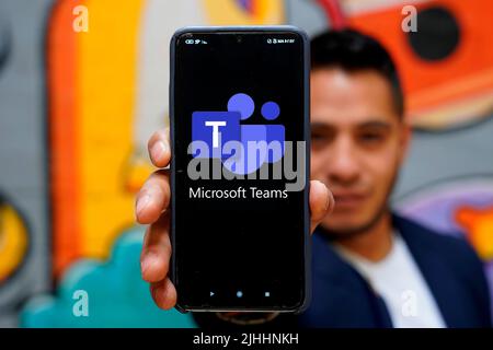 Close-up of the Microsoft Teams logo on a computer screen. This editorial image illustrates the branding of the global collaboration platform in 2026. Stock Photo